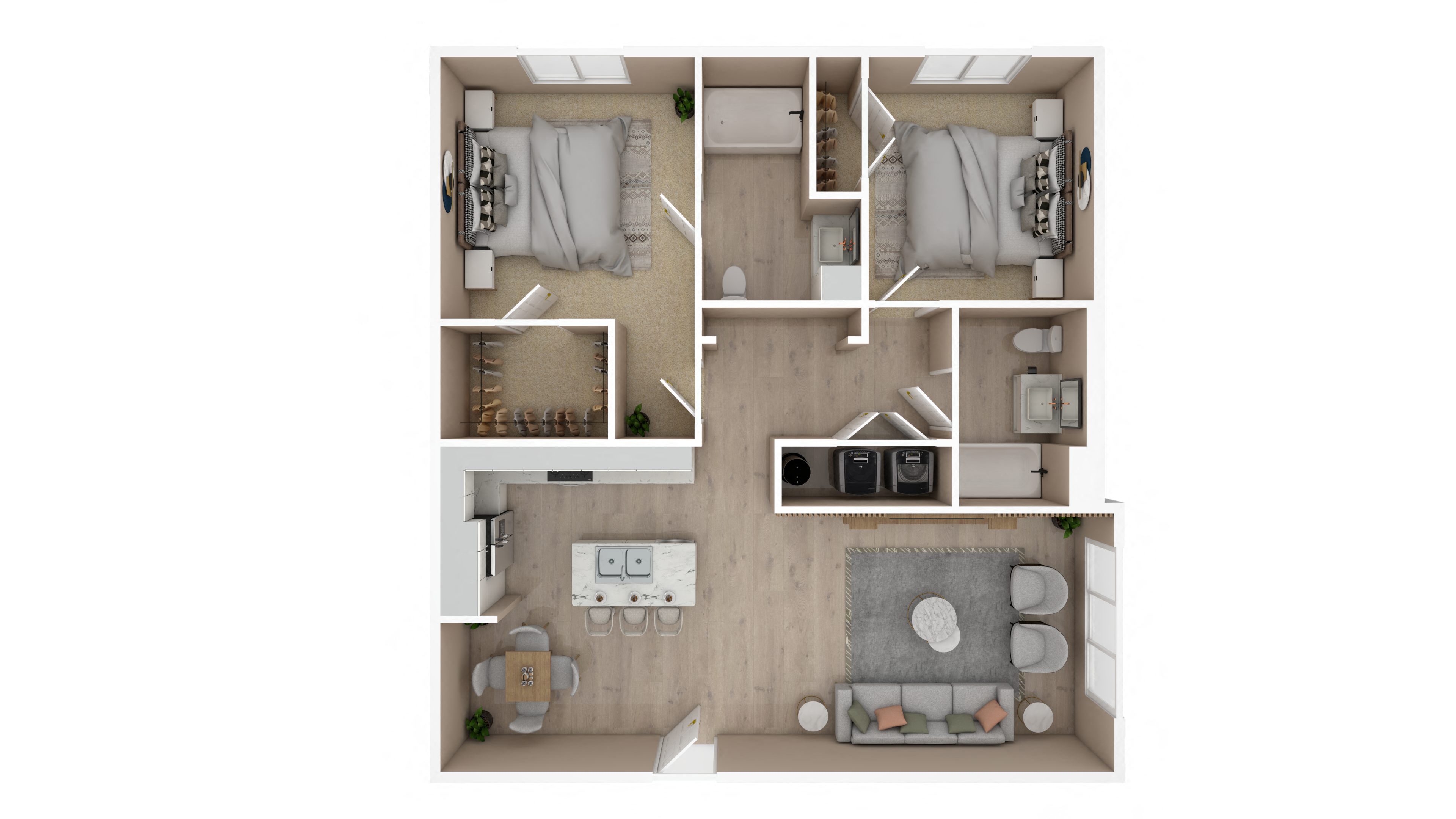 Floor plan for 2 beds, 2 baths, 1025 sqft